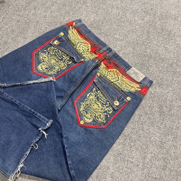 Y2K Jeans Men's 40x32 Wide Leg Distressed Baggy Embroidered Cotton Blue